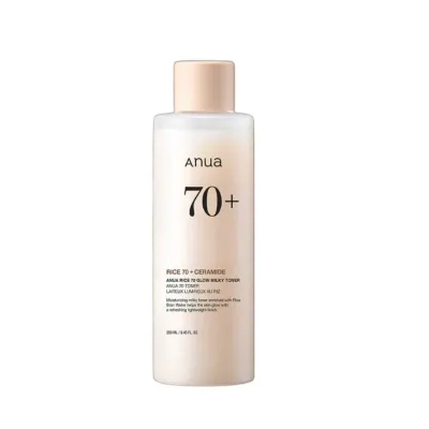Skincare bottle labeled 'Anua 70+' on a white background