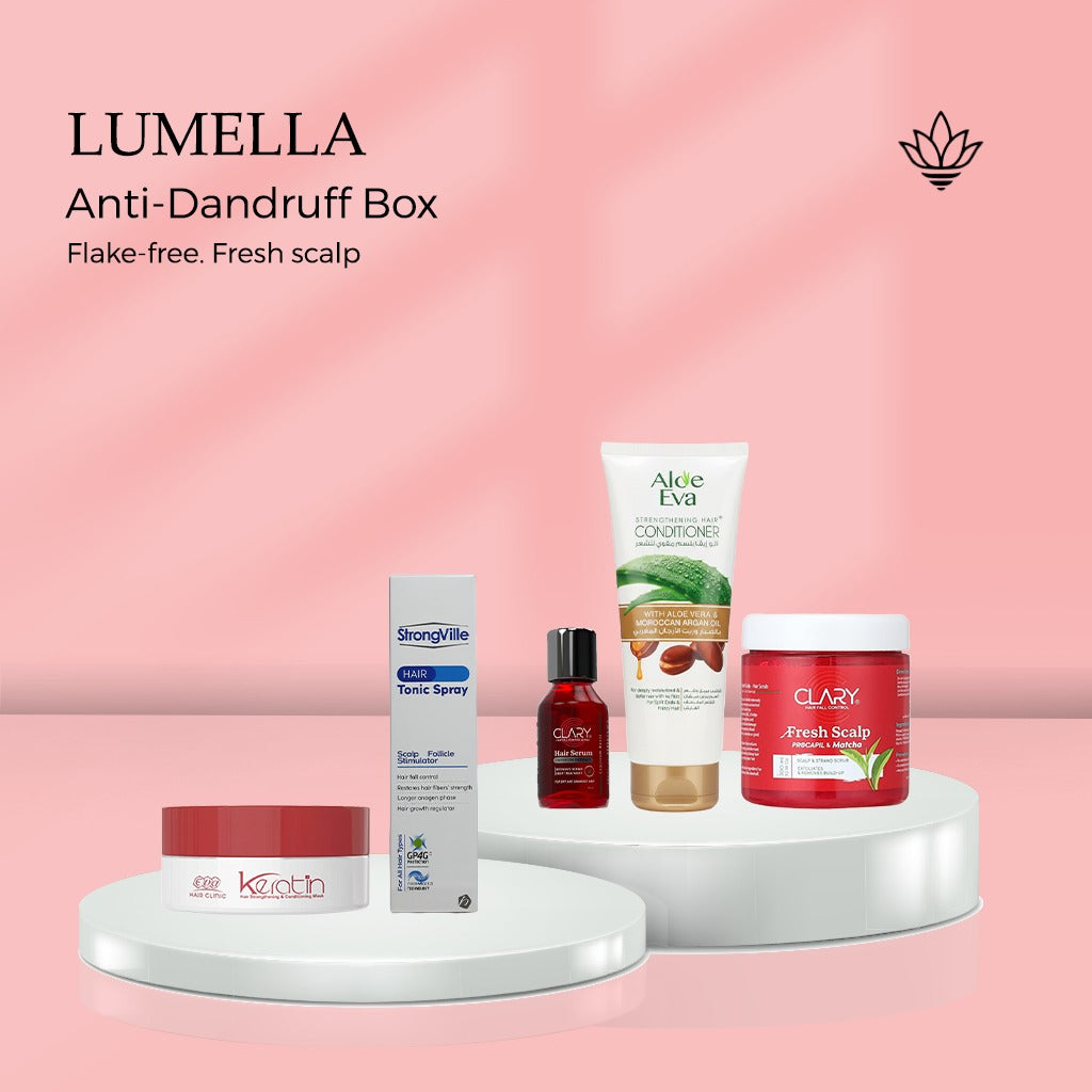 Anti-Dandruff Box Anti Dandruff - Clary Fresh Scalp, Eva Keratin Mask, Aloe Conditioner, Hair Serum, Strongville Tonic Spray - بوكس مكافحة القشرة | Lumella