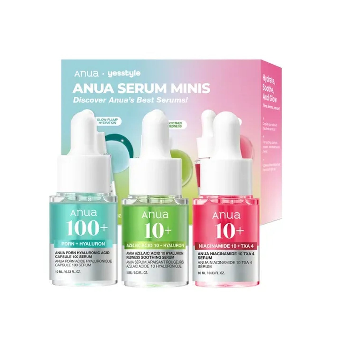 Three Anua serum bottles with a box in the background on a white background