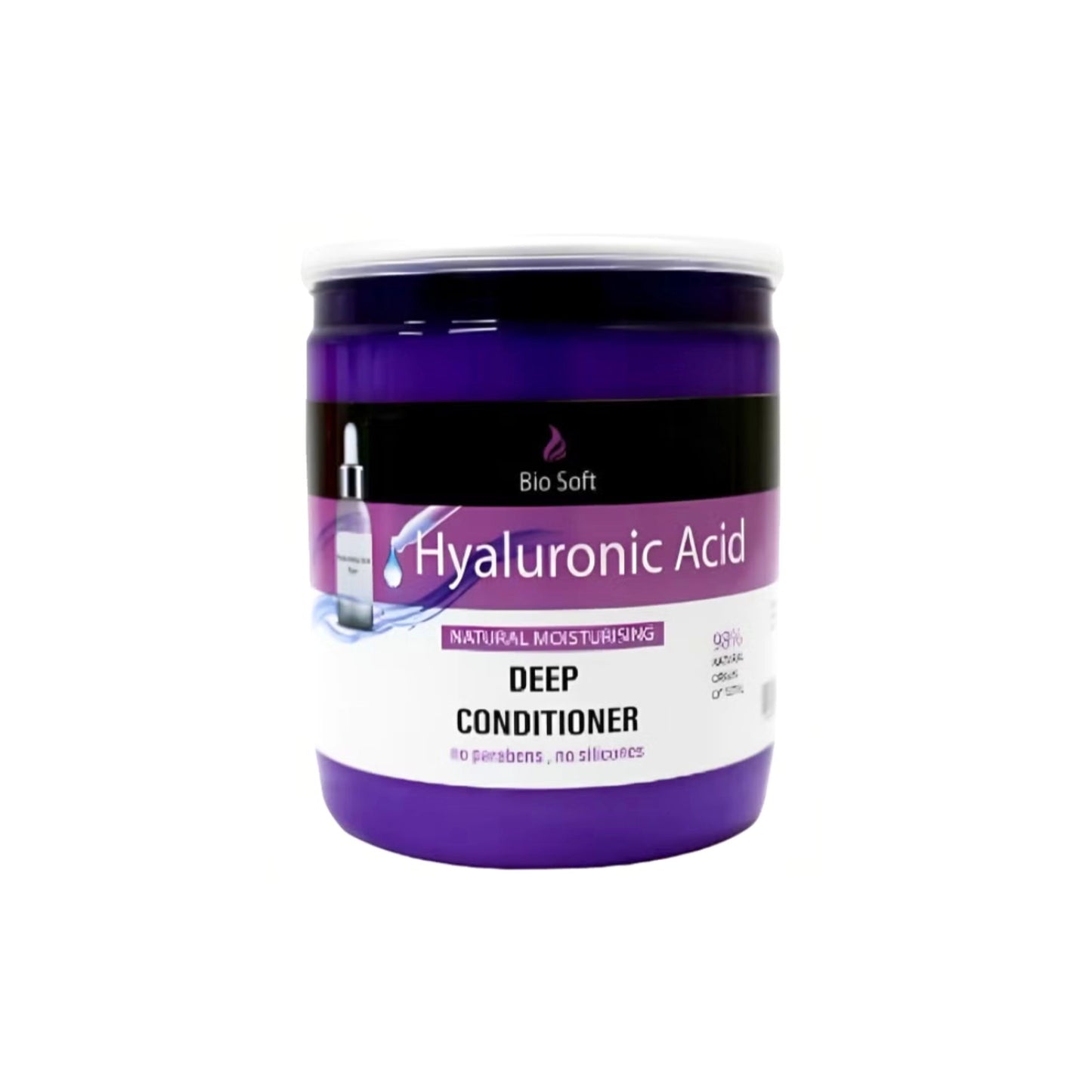 Purple jar of Bio Soft Hyaluronic Acid Deep Conditioner on a white background