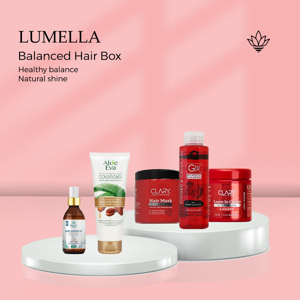 Balanced Hair Box For Normal Hair - G-Doux Shampoo, Sweet Almond Oil, Clary Hair Mask, Eva Conditioner, Leave-In Cream - بوكس العناية بالشعر العادي المتوازن | Lumella
