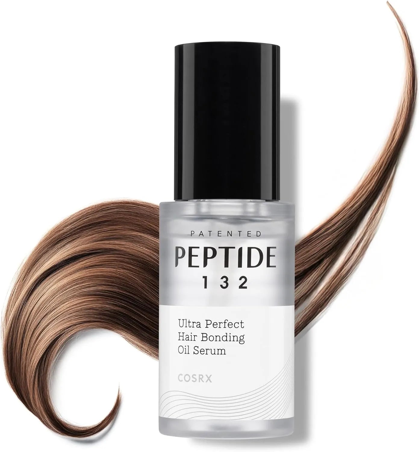 Cosrx Peptide 132 hair serum bottle with brown hair strands on a white background