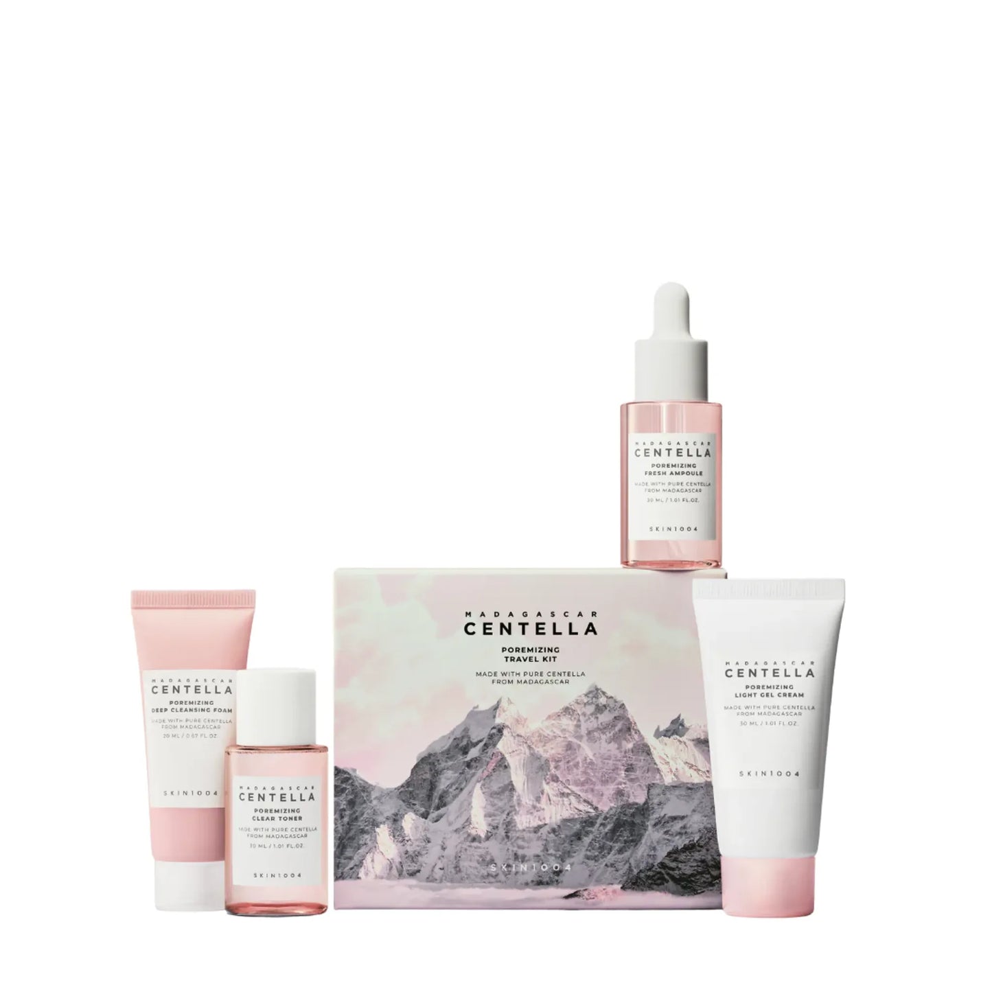 Skincare product set with Centella Asiatica branding on a white background
