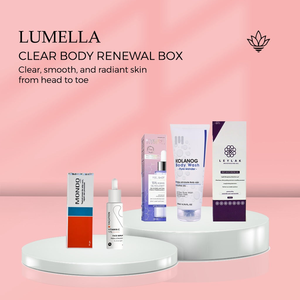 Clear Body Renewal Box For Body Acne - Kolanog Body Wash, Glycolic Acid Serum, Mondo Cream, Vitamin C Serum, Moisturizing Gel - بوكس تجديد ونقاء الجسم لحب الشباب | Lumella