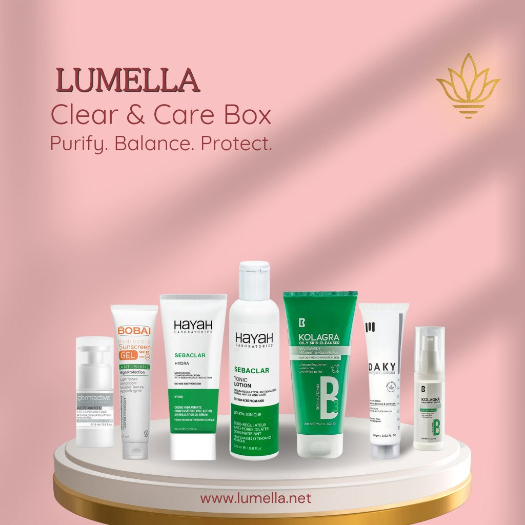 Clear & Care Box For Oily & Combination Skin - Sebaclar Cream, Tonic, Niacinamide Serum, Cleanser, Whitening Cream, SPF 60, Eye Cream - بوكس تنظيف وعناية للبشرة الدهنية والمختلطة | Lumella