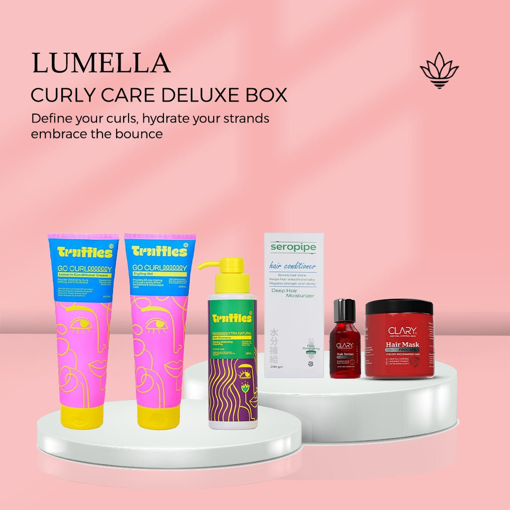 Curly Care Deluxe Box For Dry Curly Hair - Truffles Shampoo, Clary Mask, Seropipe Conditioner, Leave-In, Styling Gel, Hair Serum - بوكس العناية الفاخرة بالشعر الكيرلي الجاف | Lumella