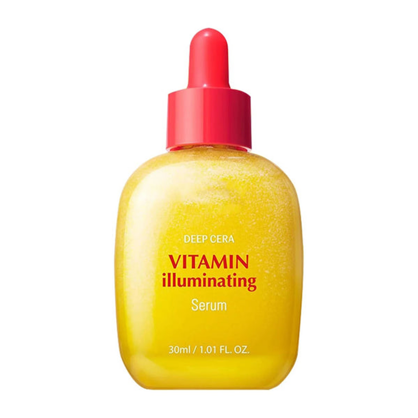 Yellow serum bottle with red cap on a white background