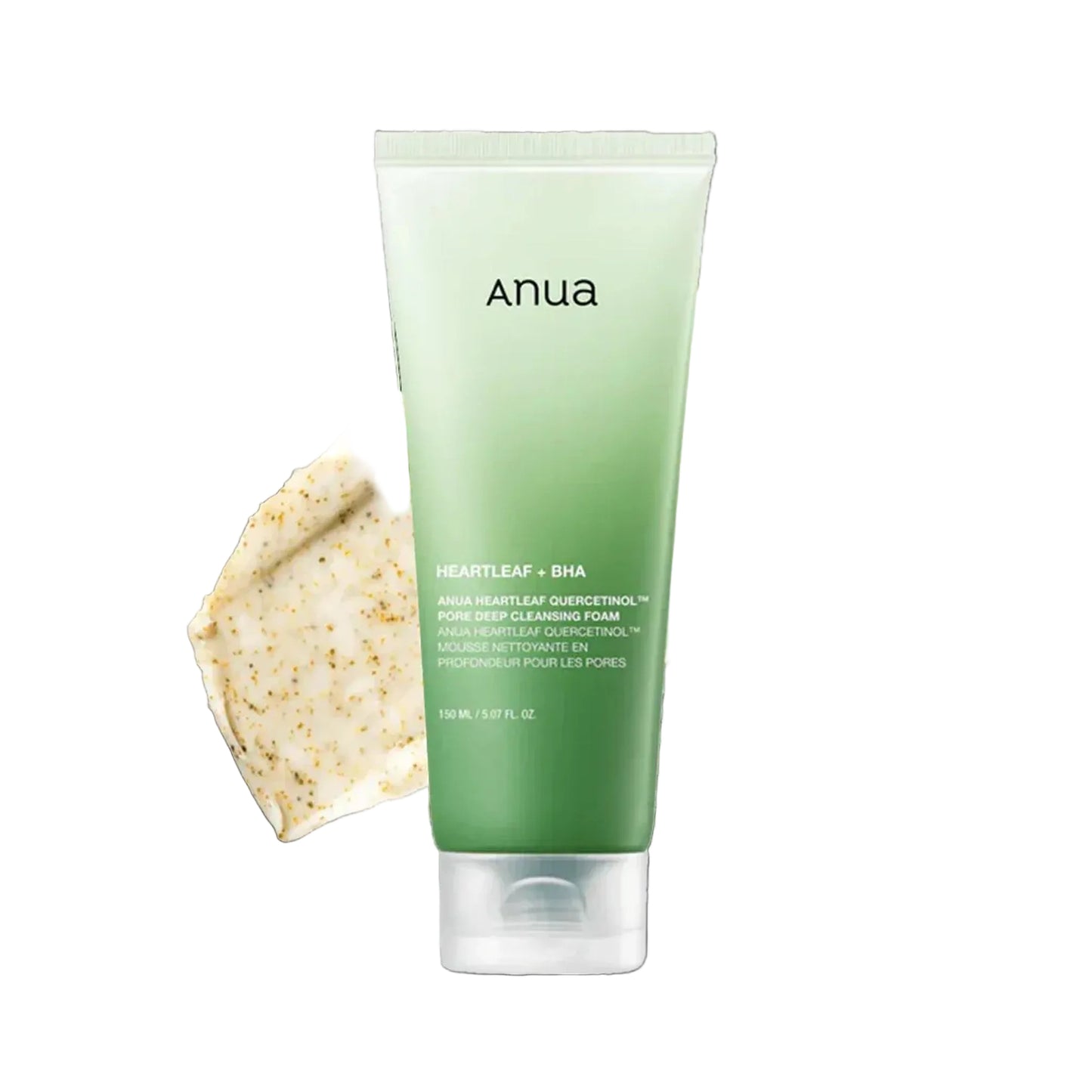 Green tube of Anua skincare product with a white scrub on a black background