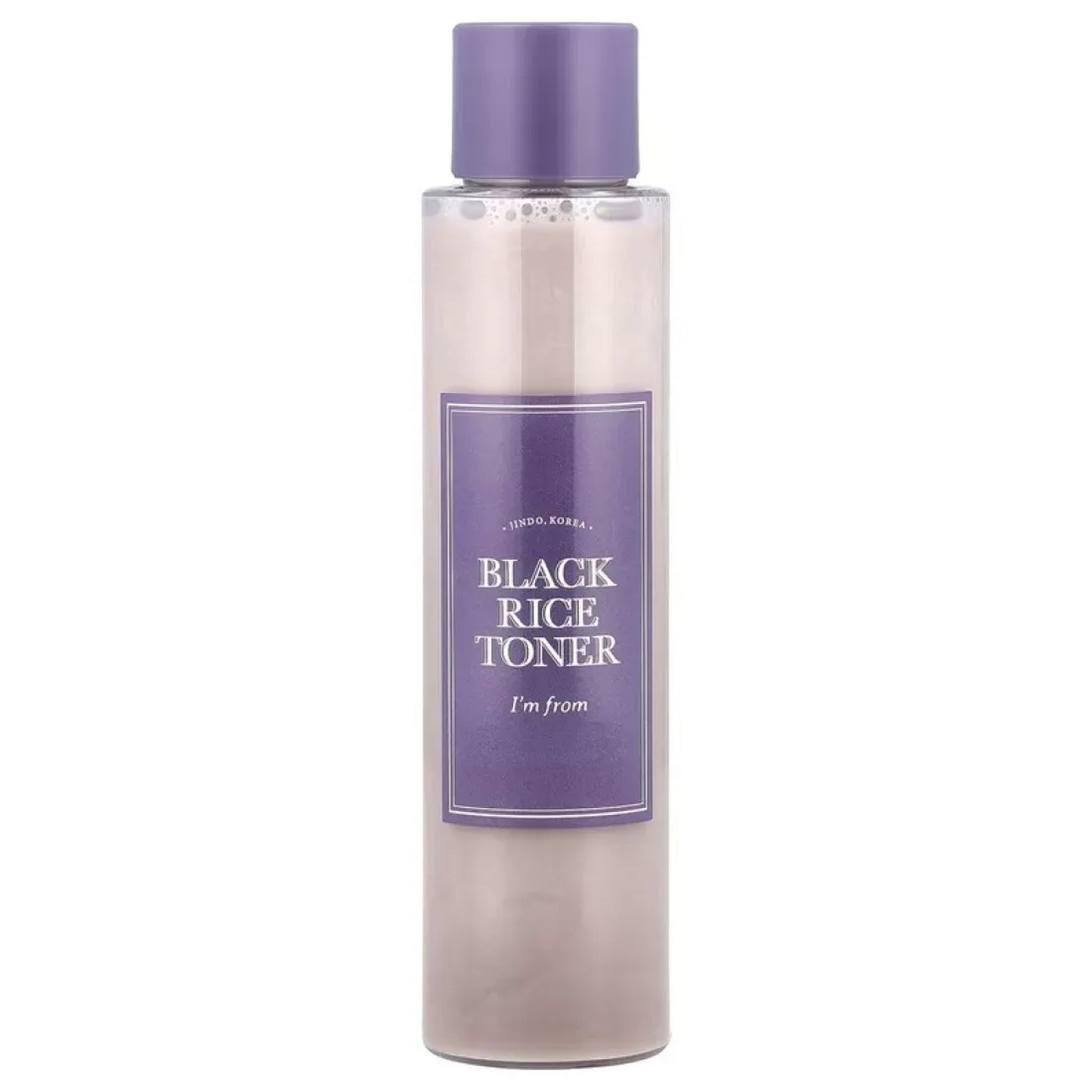 Bottle of black rice toner with a purple label on a white background