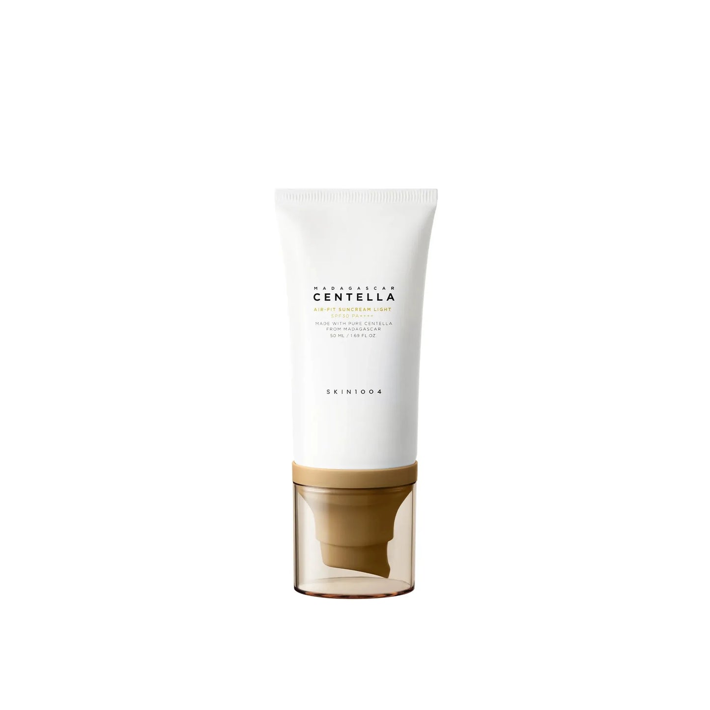 Skincare tube with white label and brown base on a white background