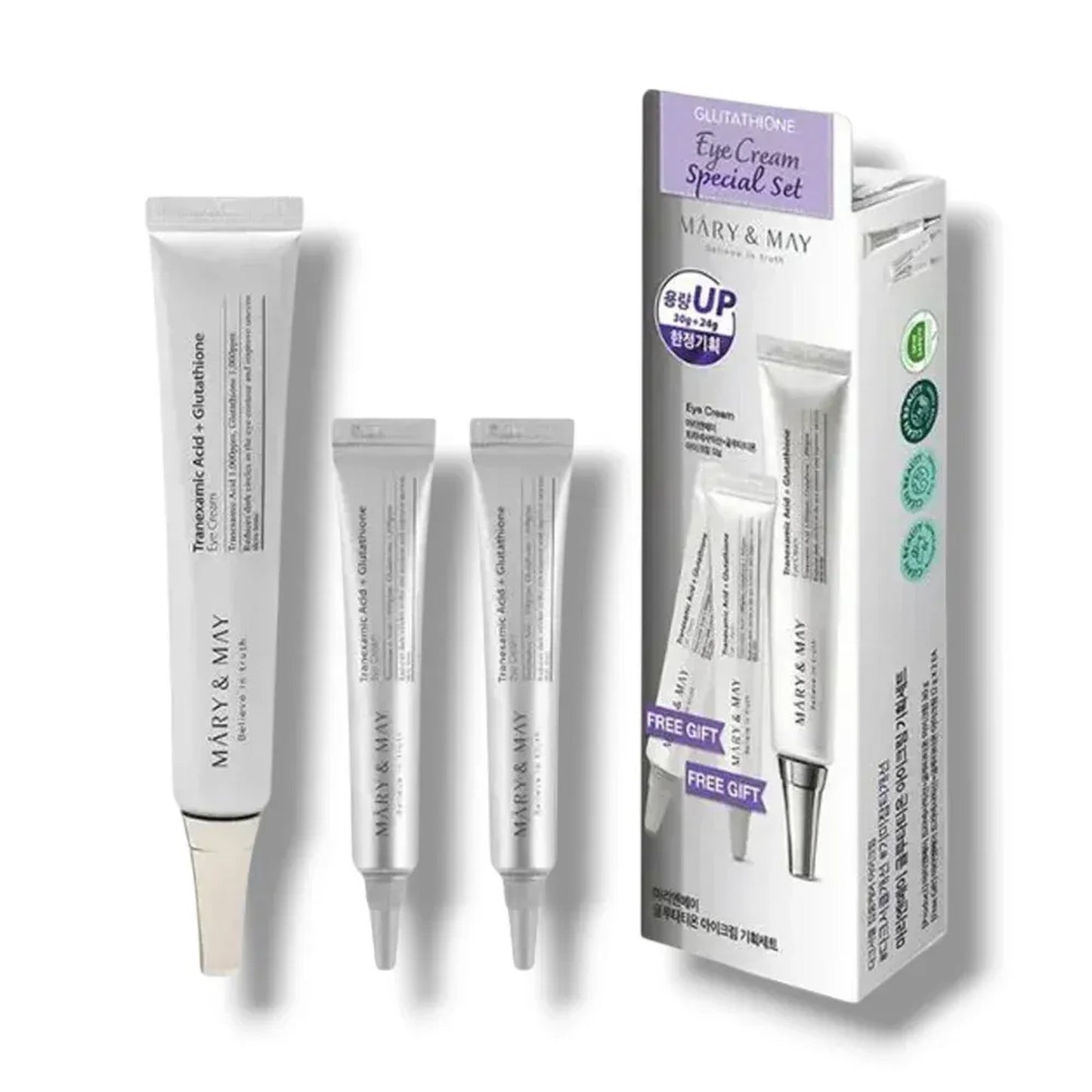 Mary & May eye cream set with packaging on a white background