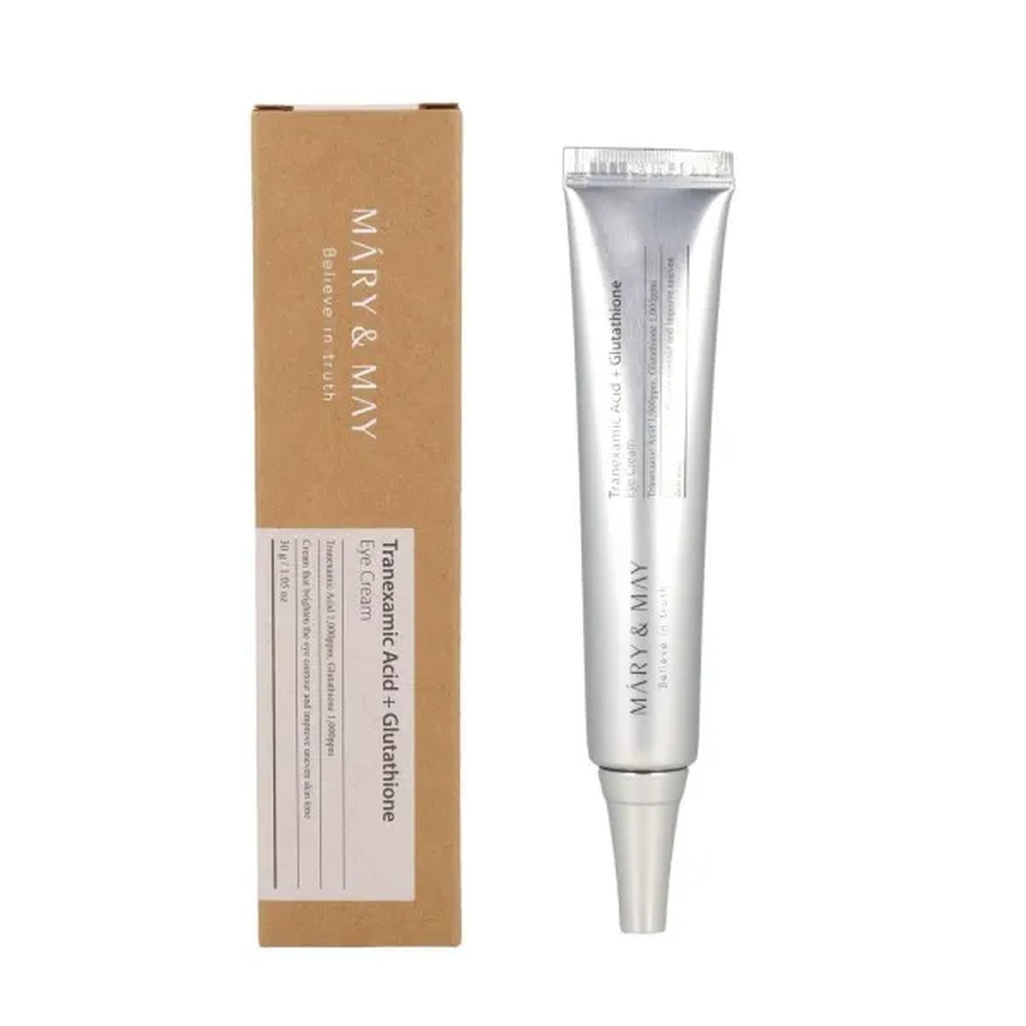 Silver eye cream tube with brown box on a white background, featuring 'Mary & May' branding.