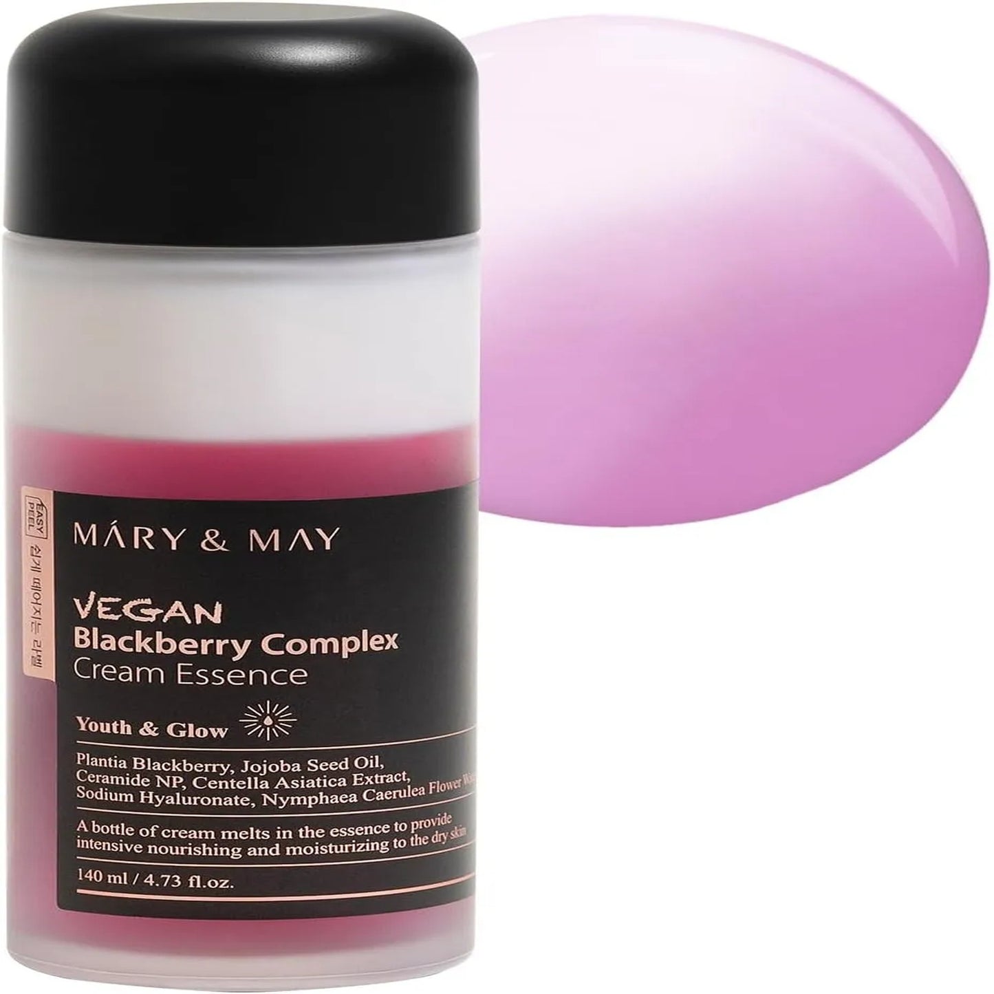 Jar of Mary & May Vegan Blackberry Complex Cream Essence with a pink sphere on a white background