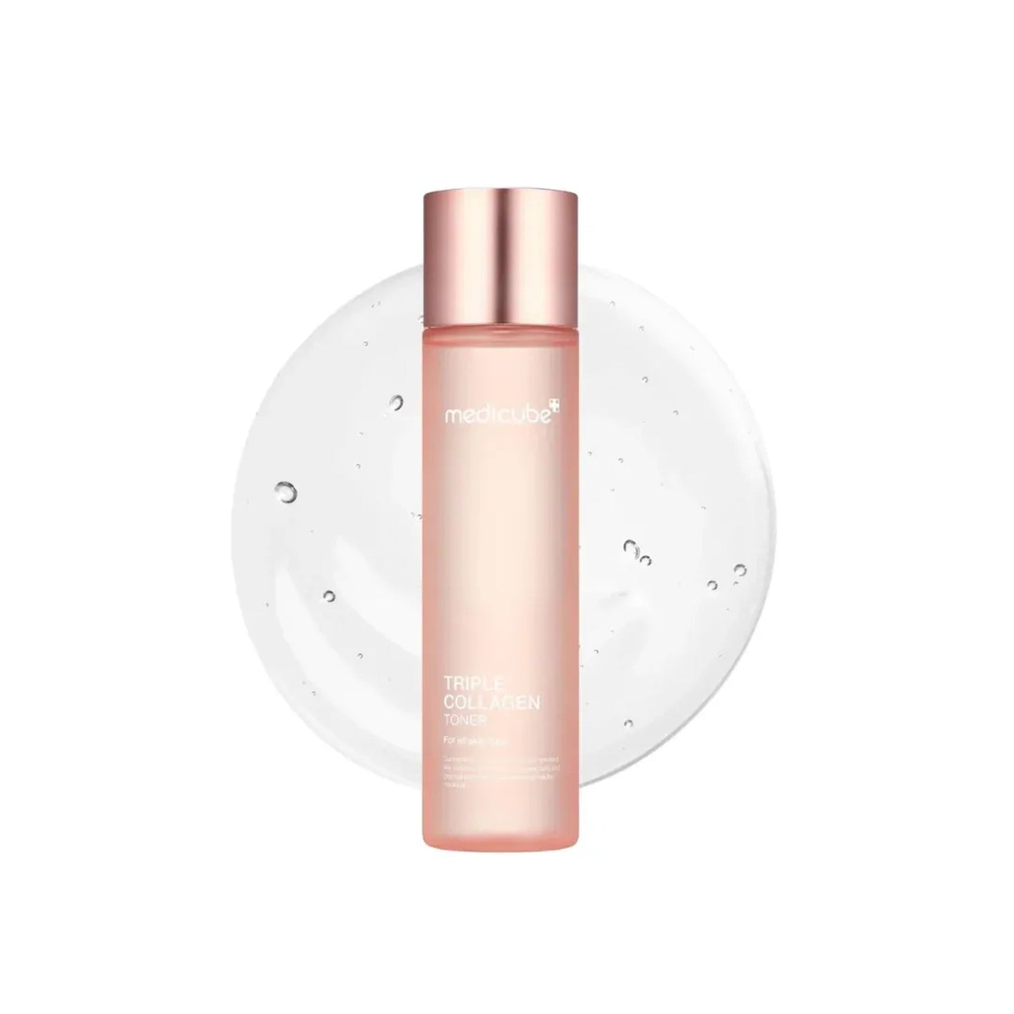 Skincare bottle with rose gold cap on a white background