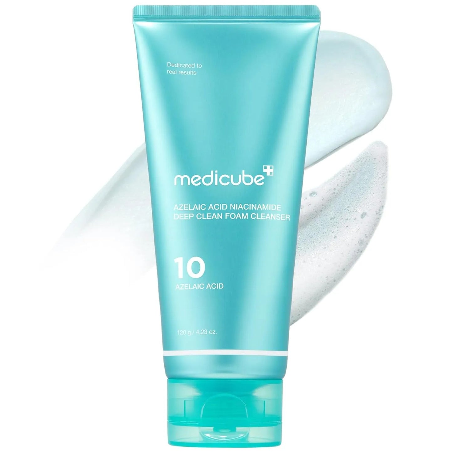 Blue tube of Medicube cleanser with white text on a white background