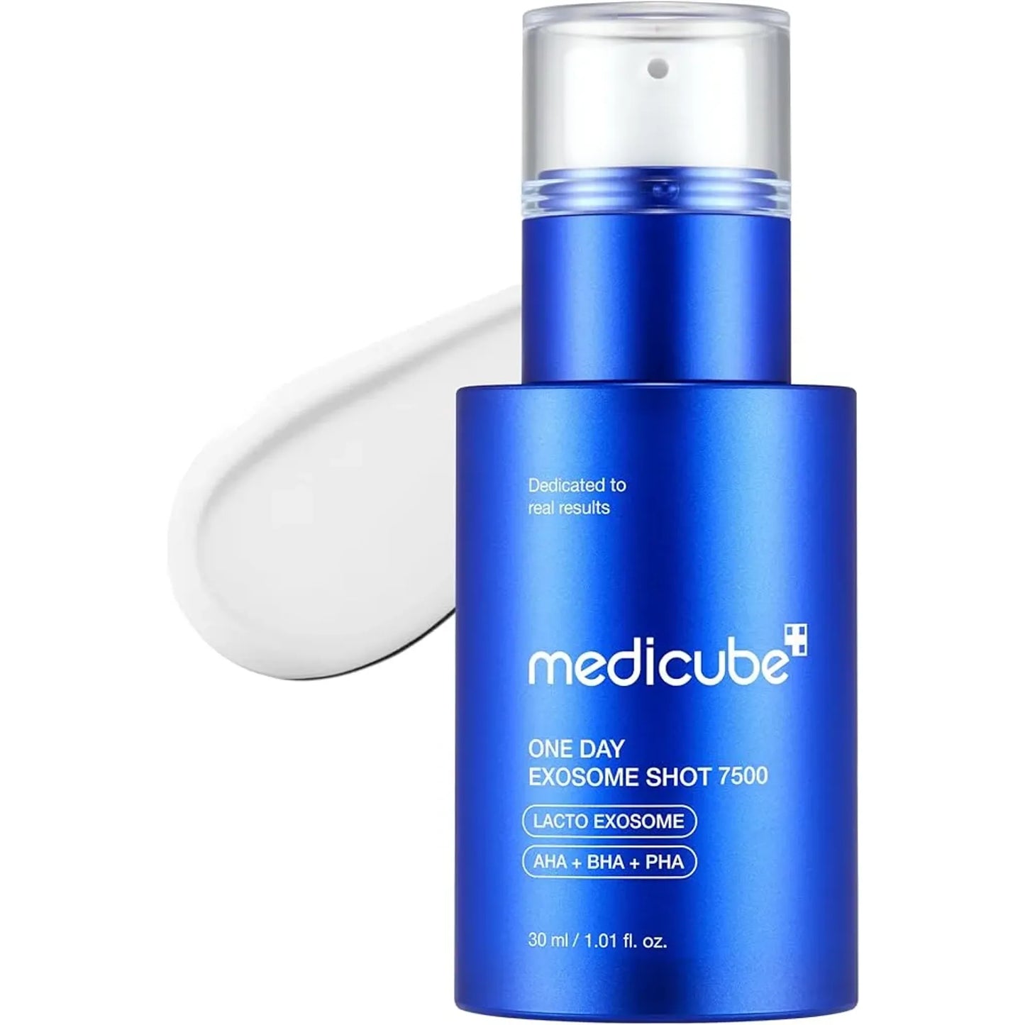 Blue skincare product bottle with 'medicube' branding on a white background