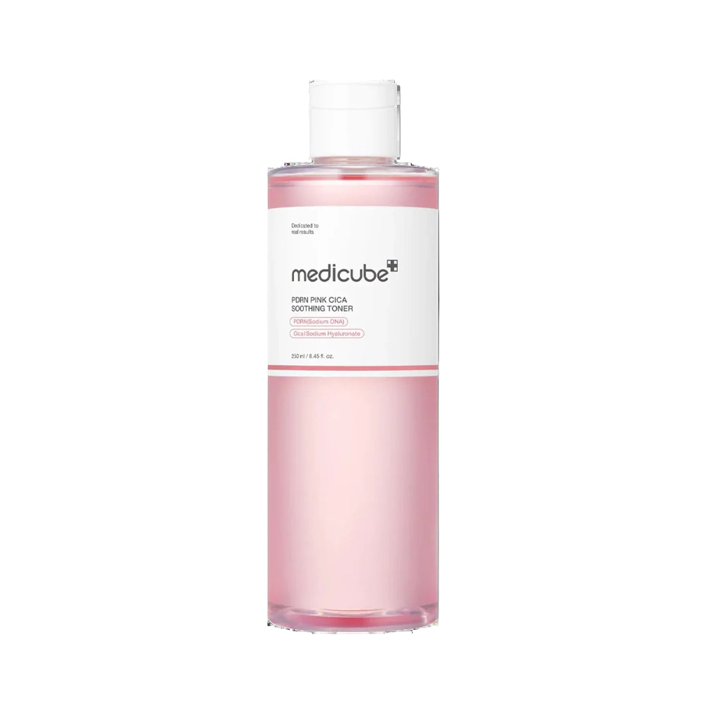Pink bottle with white cap on a white background, featuring Medicube branding.