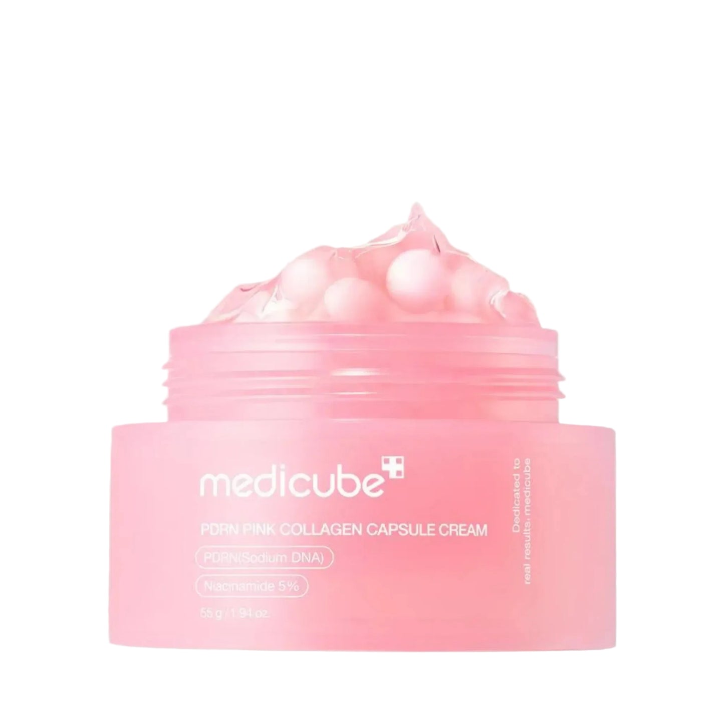 Pink collagen capsule cream jar with visible brand name on a light gray background