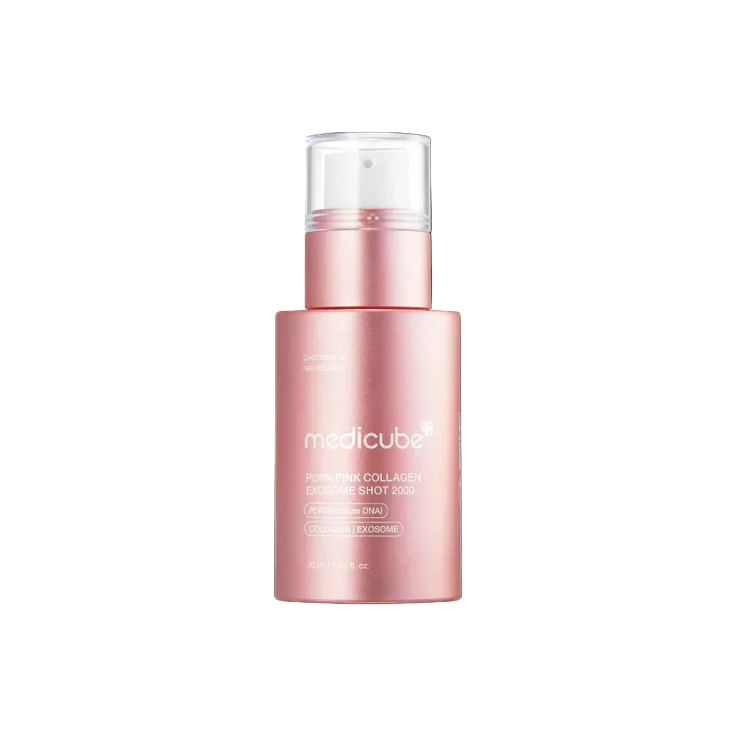 Pink skincare bottle with 'medicube' branding on a black background