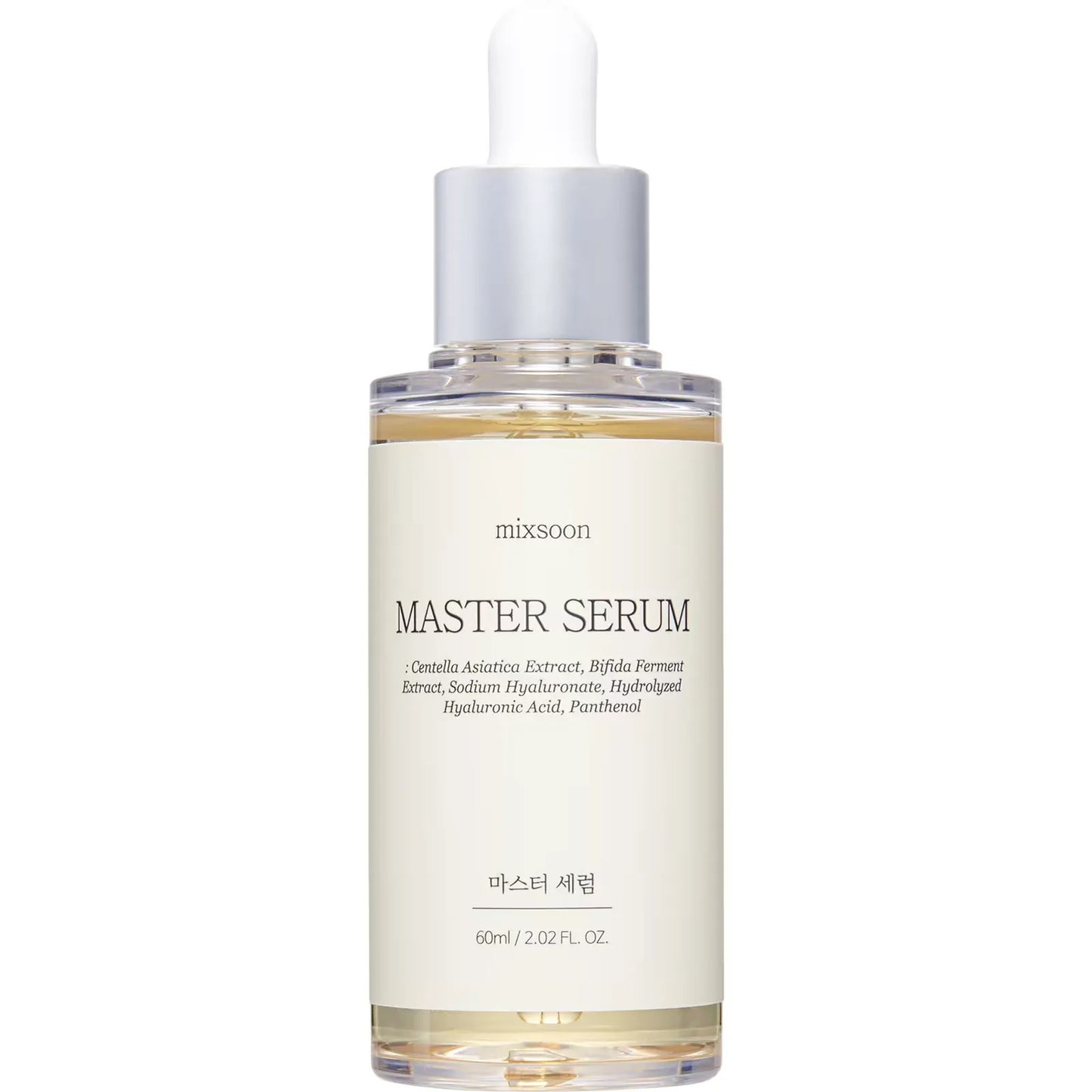 Skincare serum bottle labeled 'Master Serum' by mixsoon on a white background