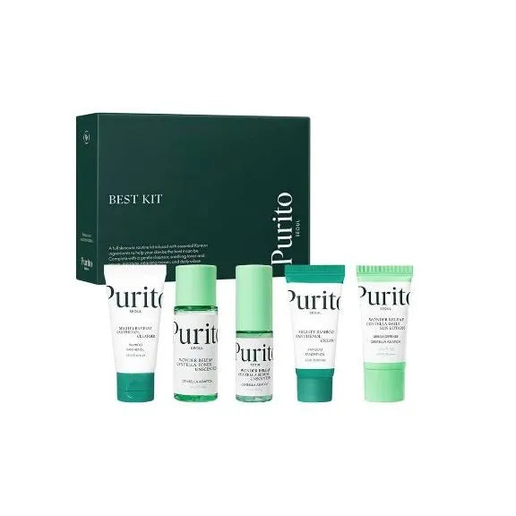 Purito skincare product set including bottles and a box on a white background
