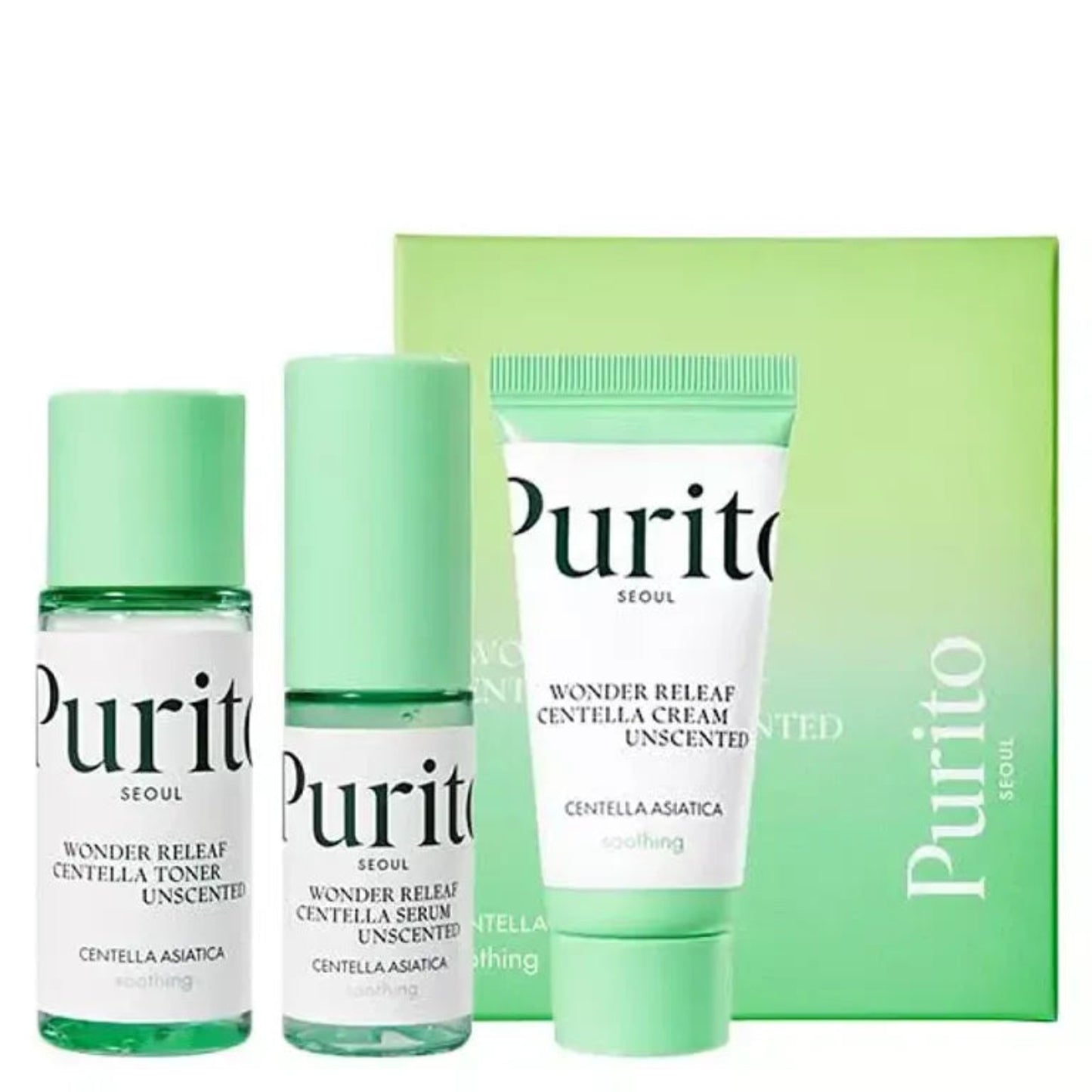 Purito skincare product set with bottles and a tube on a white background