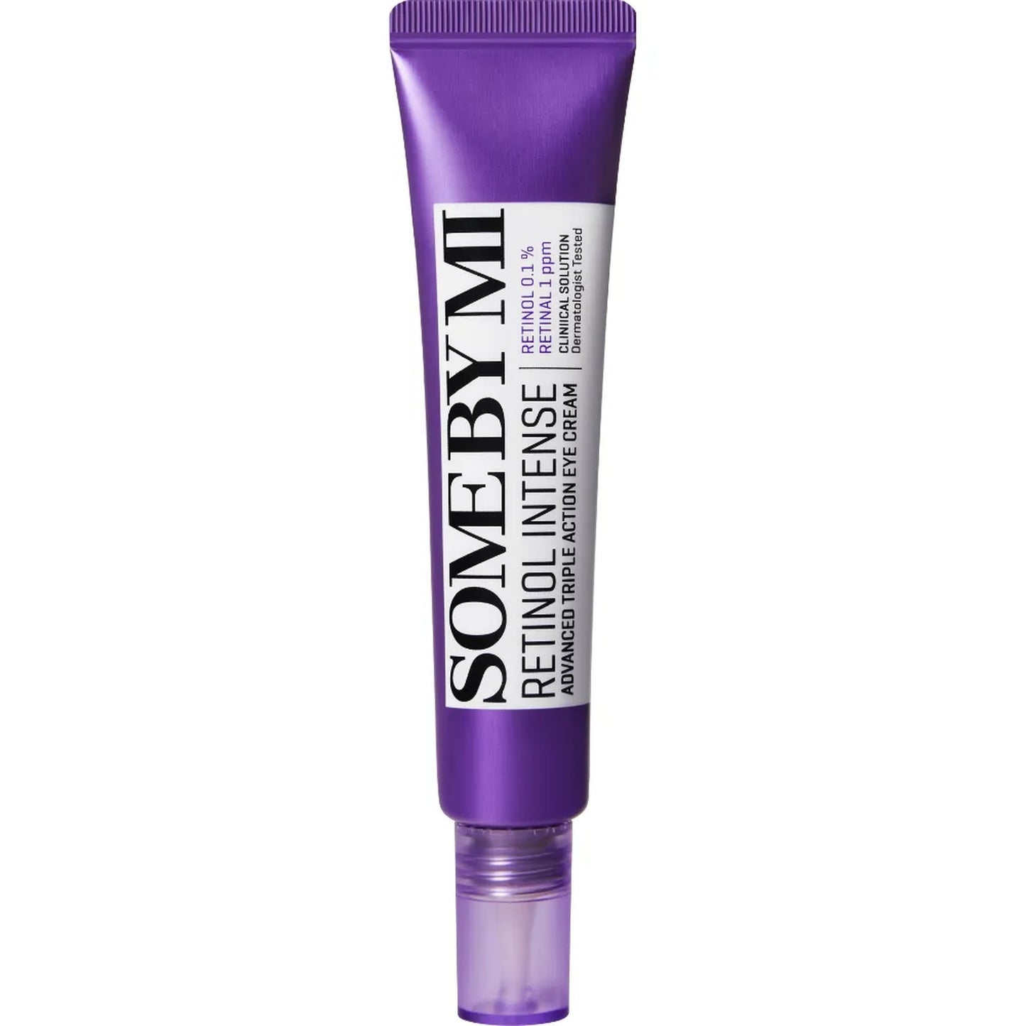 Purple eye cream tube labeled 'Some by Mi' on a white background