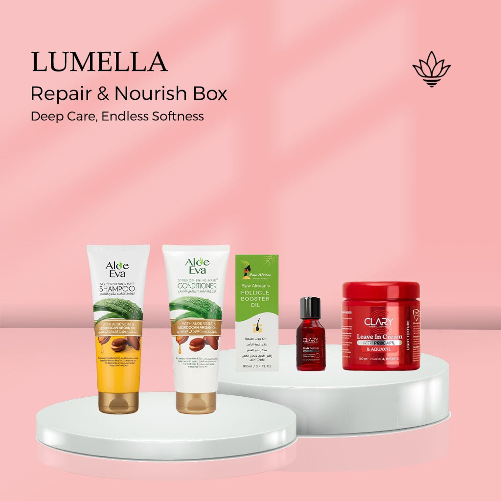 Repair & Nourish Box For Dry & Damaged Hair - Aloe Eva Shampoo, Eva Conditioner, Clary Leave-In Cream, Hair Serum, African Booster Oil - بوكس إصلاح وتغذية الشعر الجاف والتالف | Lumella
