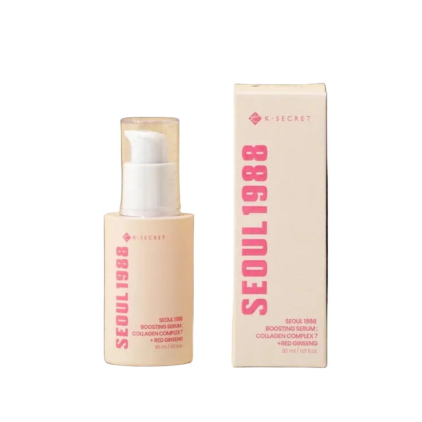 K-SECRET Seoul1988 serum bottle and packaging on a black background