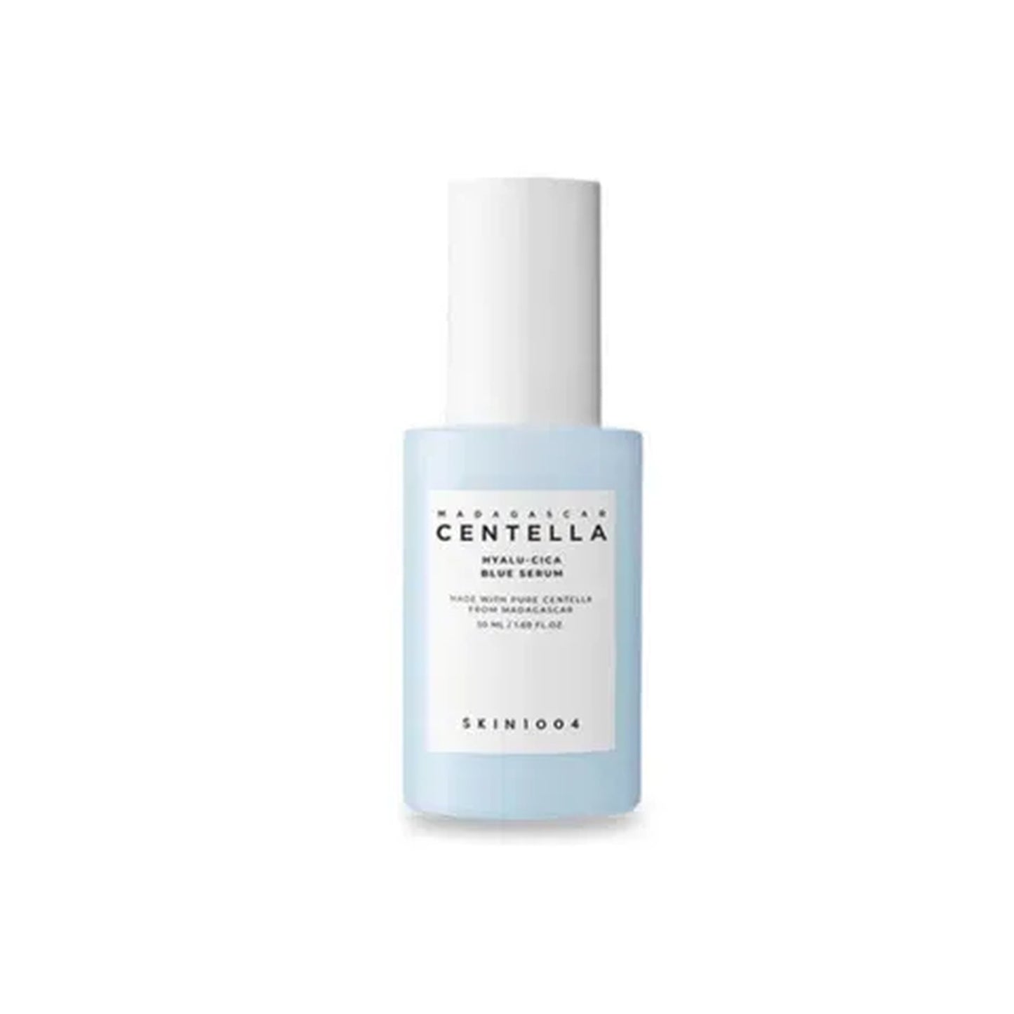 Blue skincare serum bottle with white cap on a white background