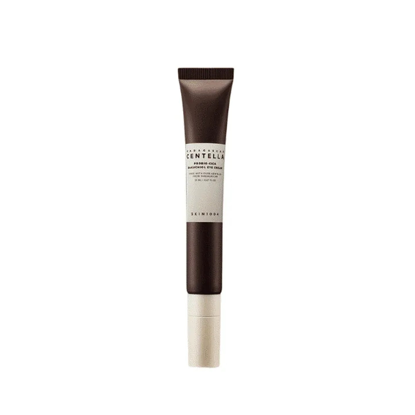 Skincare tube with brown and beige design on a white background