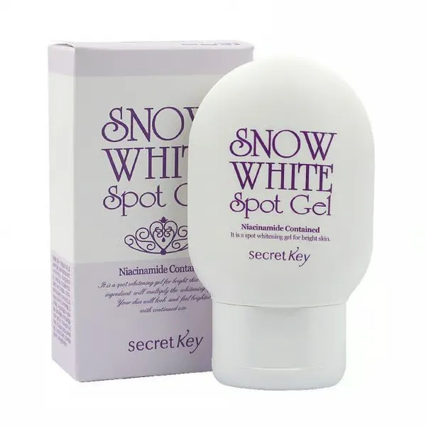 Snow White Spot Gel packaging with white container and purple text on a white background