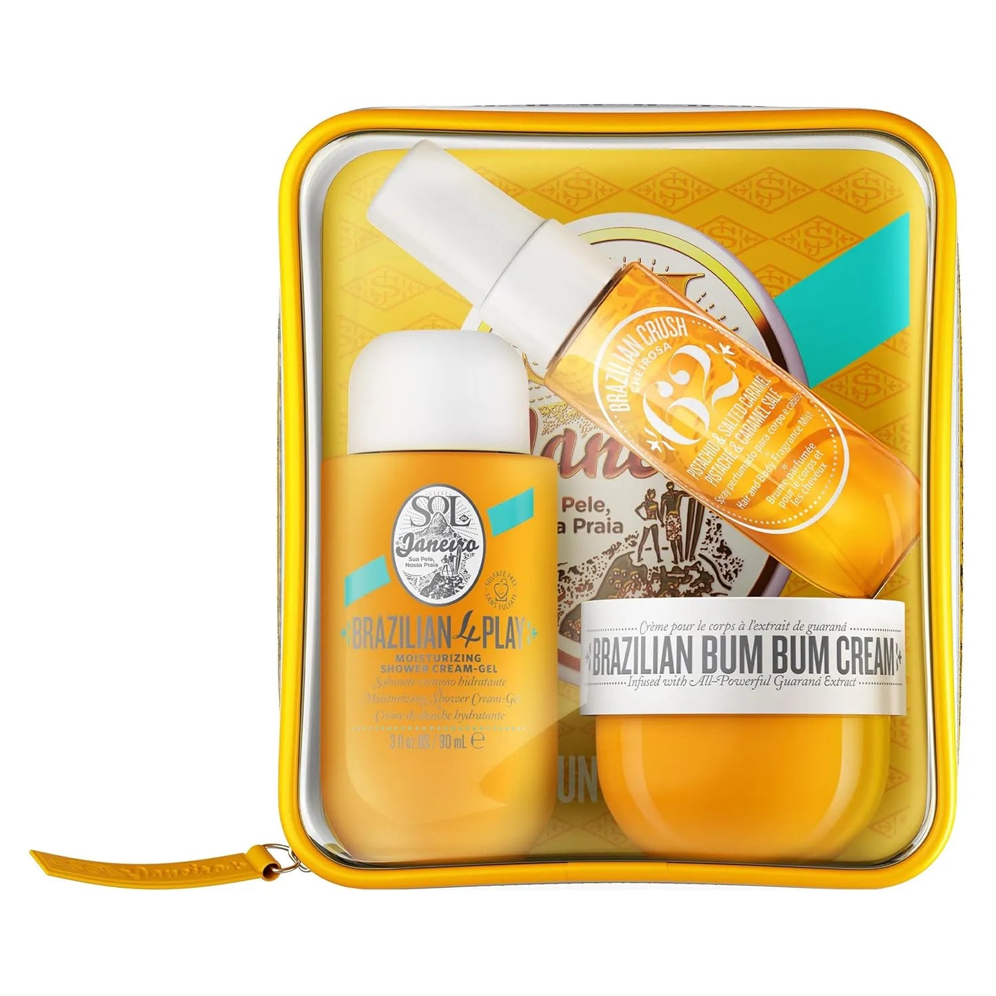 Three Brazilian Bum Bum Cream products in a yellow case on a white background