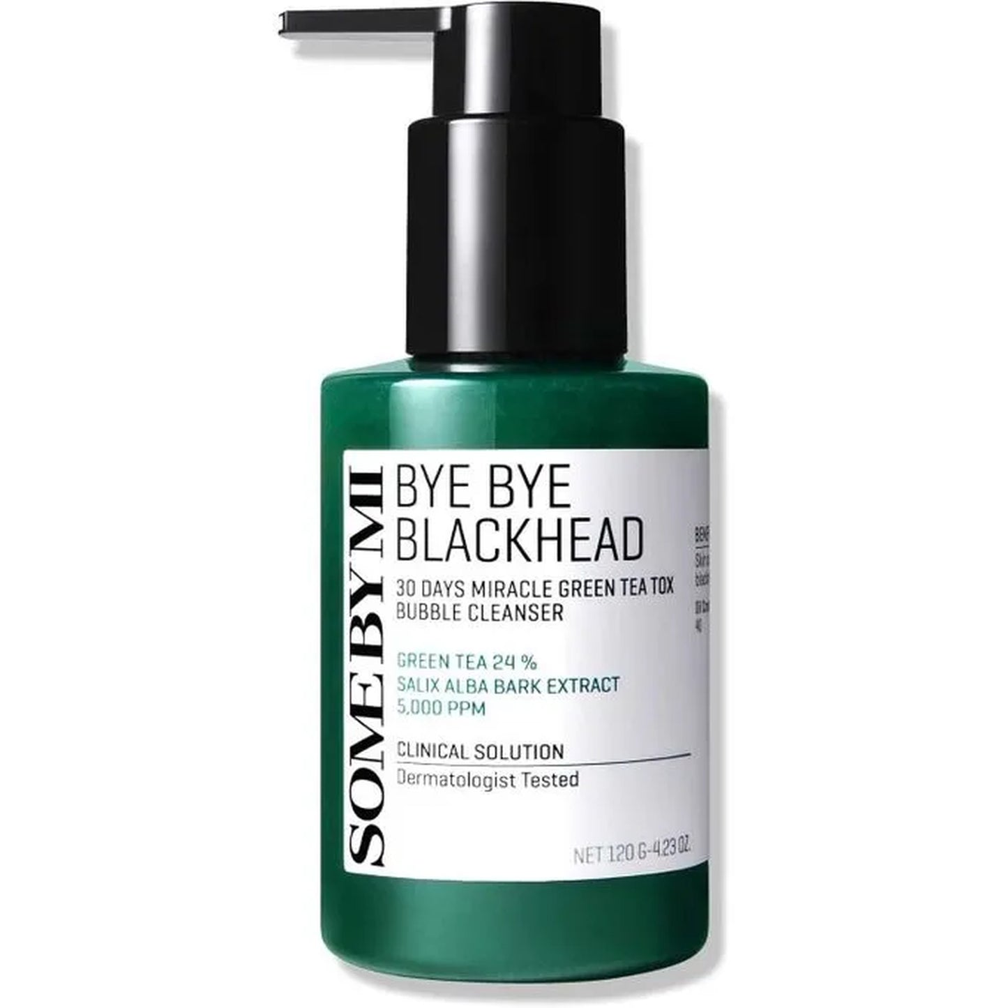 Bottle of 'Bye Bye Blackhead' cleanser with green label on white background
