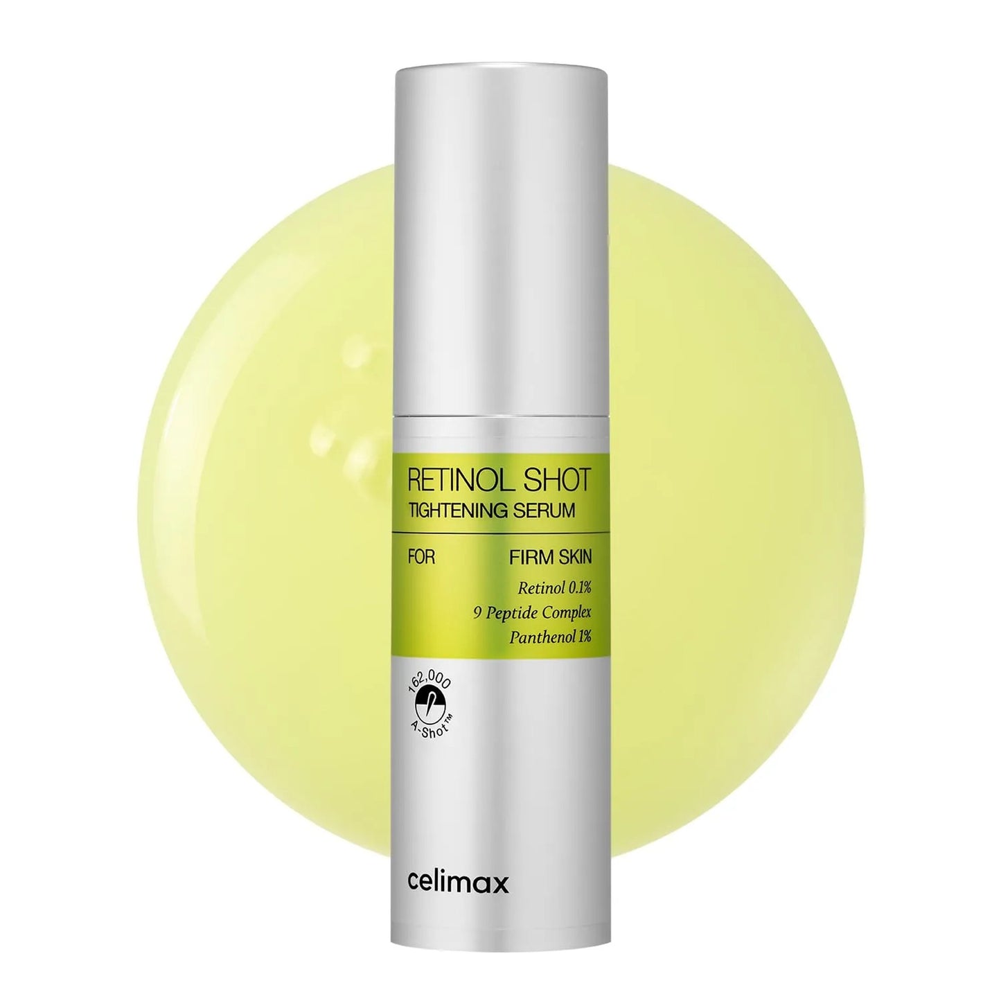 Skincare serum bottle labeled 'Retinol Shot' by celimax on a white background
