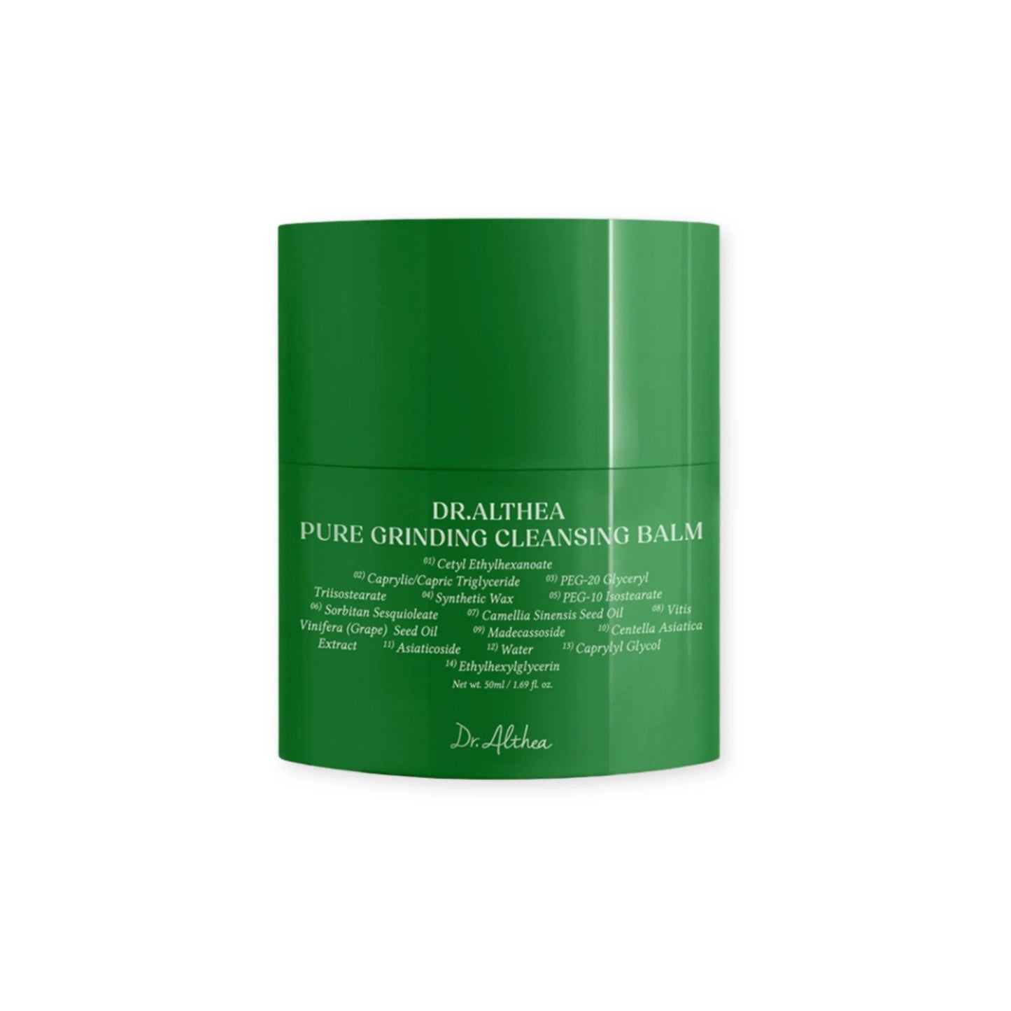 Green container of Dr. Althea Pure Grinding Cleansing Balm on a white background