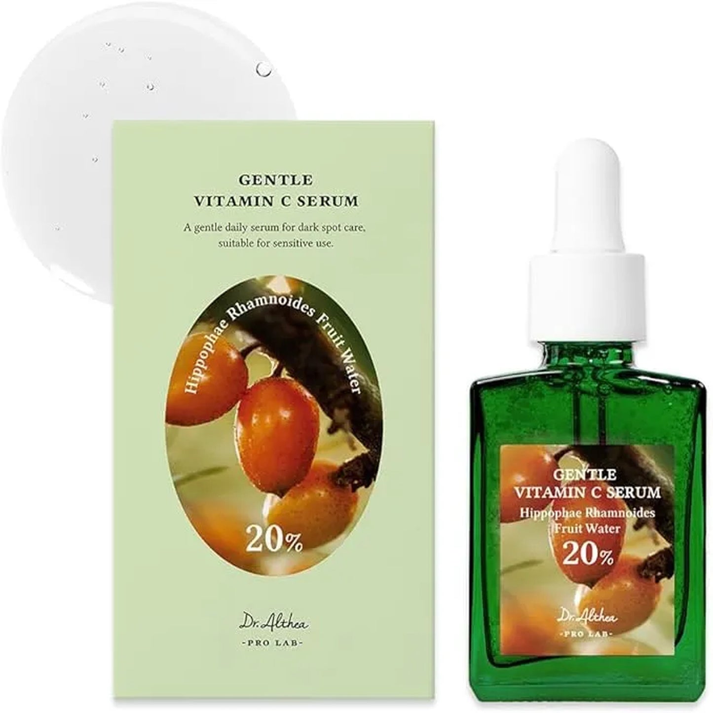 Green bottle of Gentle Vitamin C Serum with packaging on a white background