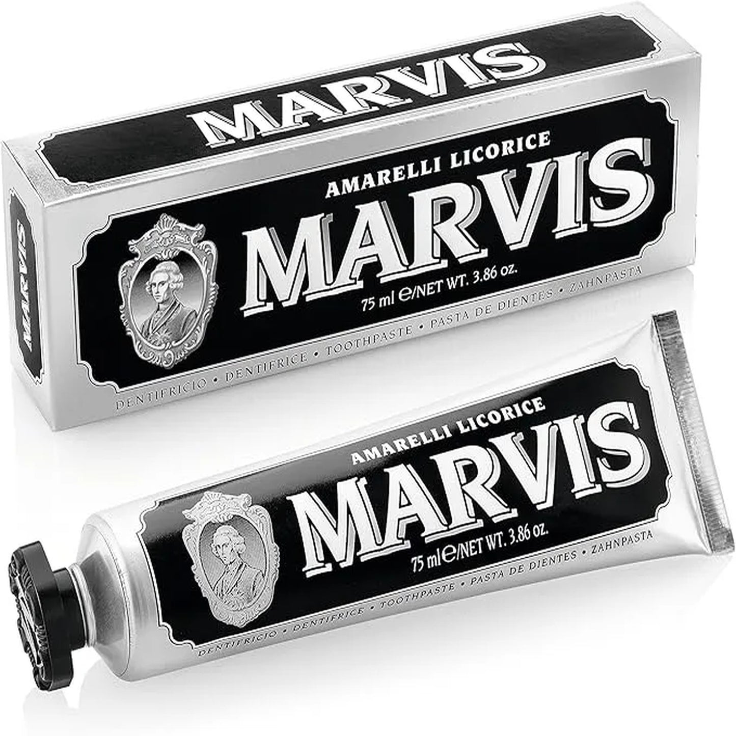 Marvis Amarelli Licorice toothpaste tube and packaging on a white background