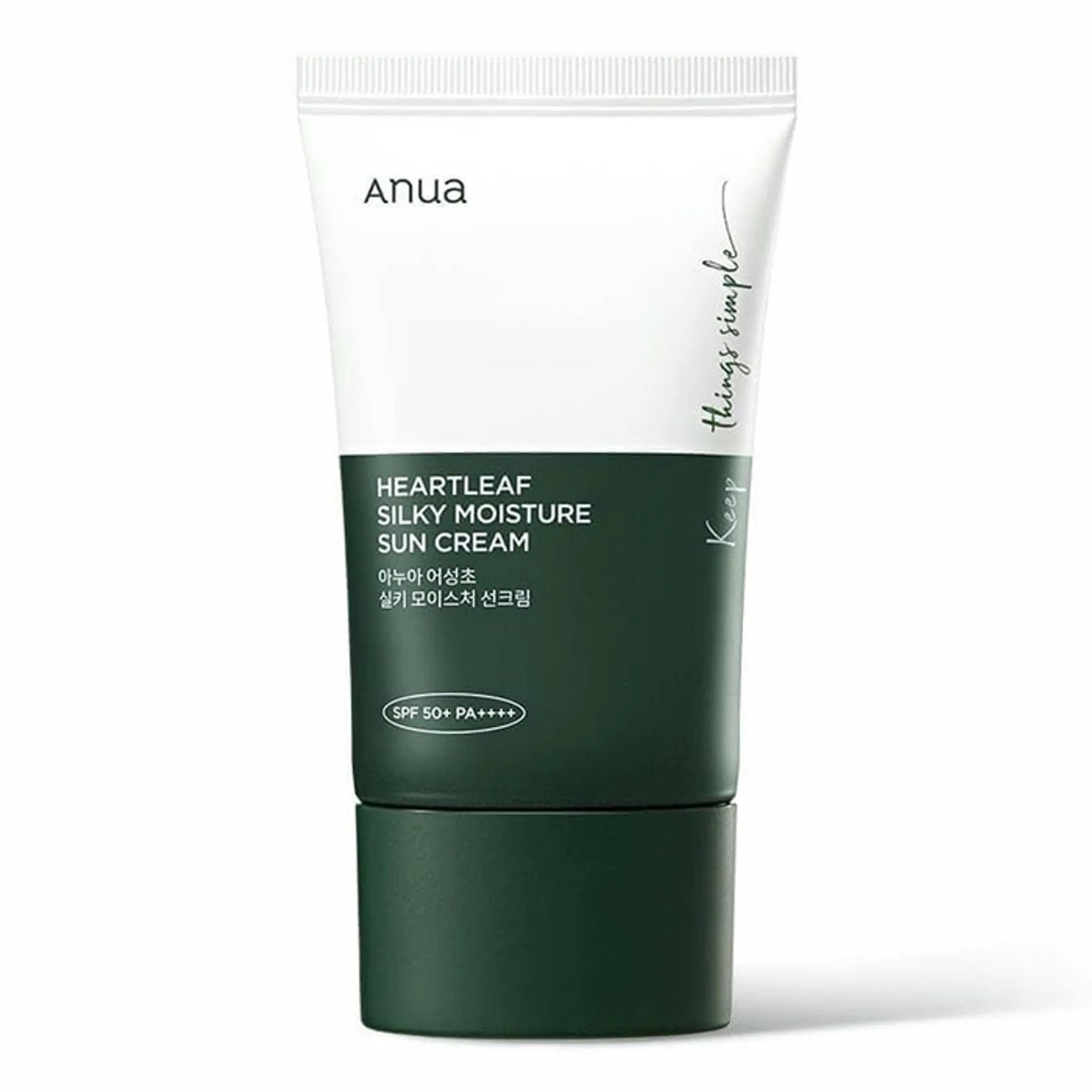 Green sun cream tube with white cap labeled 'Anua' on a white background