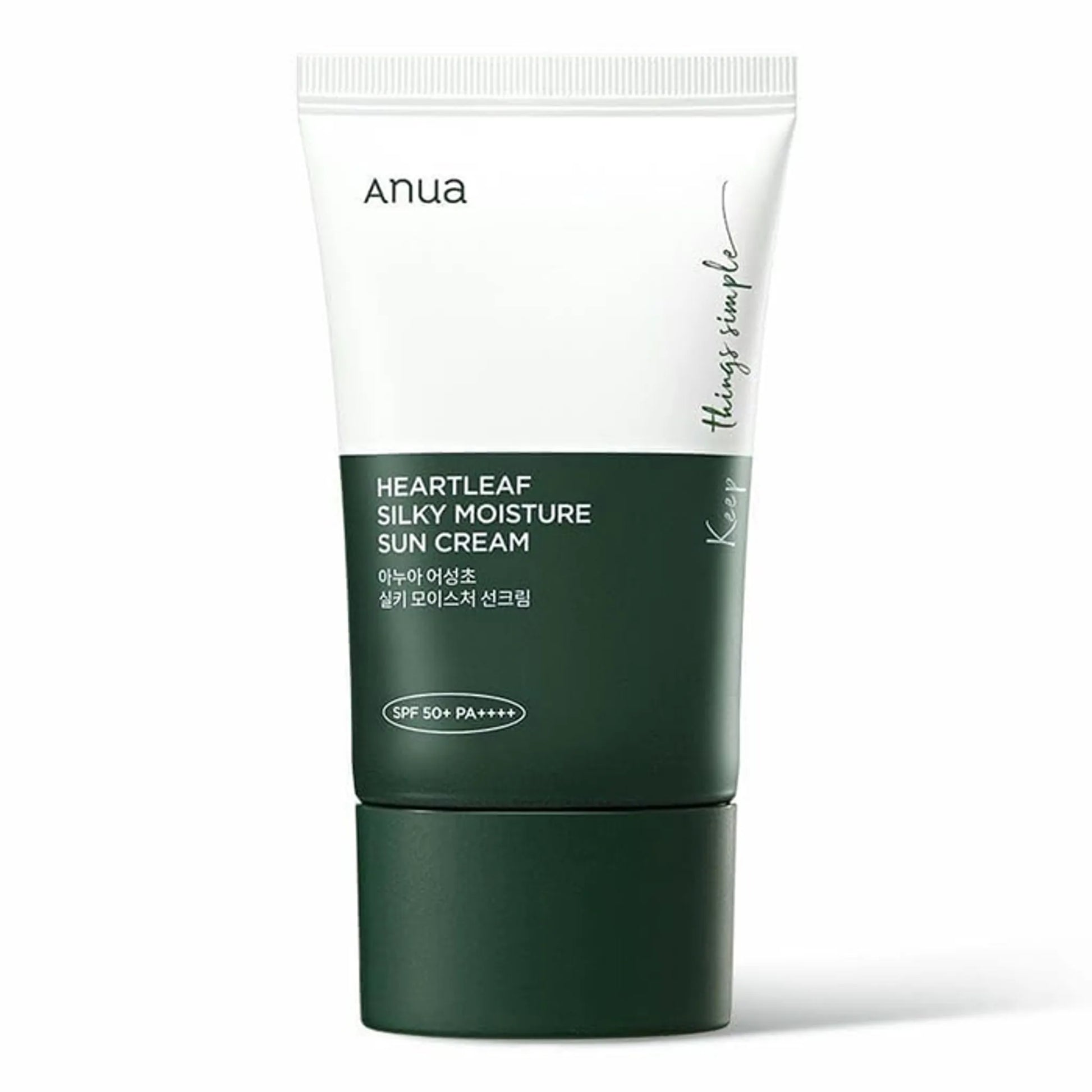 Green sun cream tube with white cap labeled 'Anua' on a white background