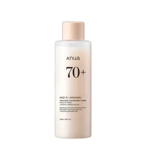 Skincare bottle labeled 'Anua 70+' on a white background