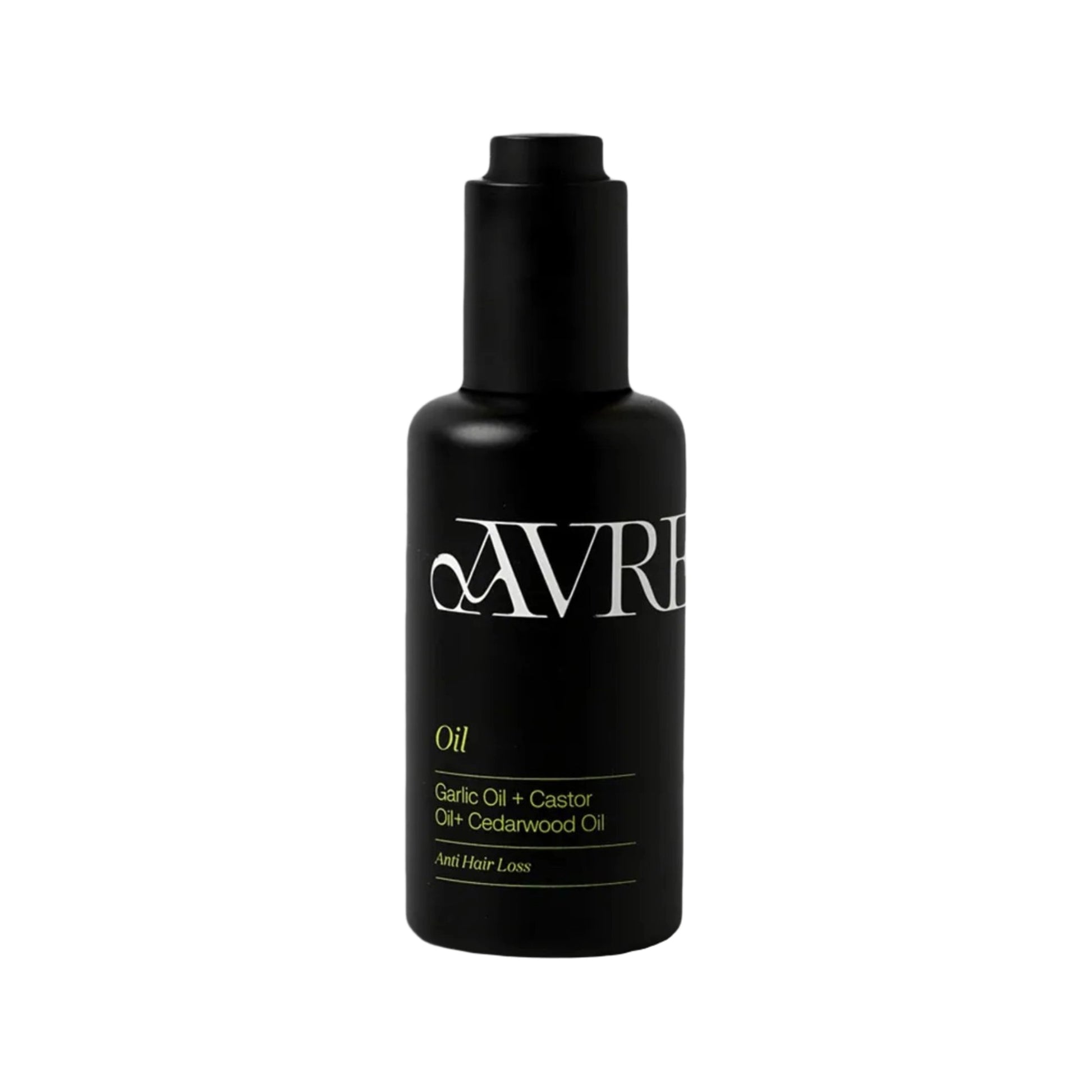 Black bottle of AVRE oil with white text on a white background