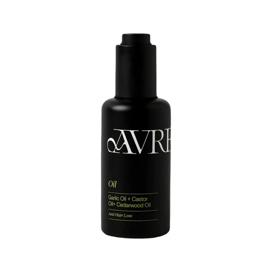 Black bottle of AVRE oil with white text on a white background
