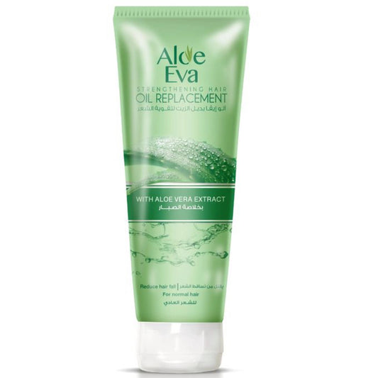 Green tube of Aloe Eva hair oil replacement with aloe vera extract on a white background