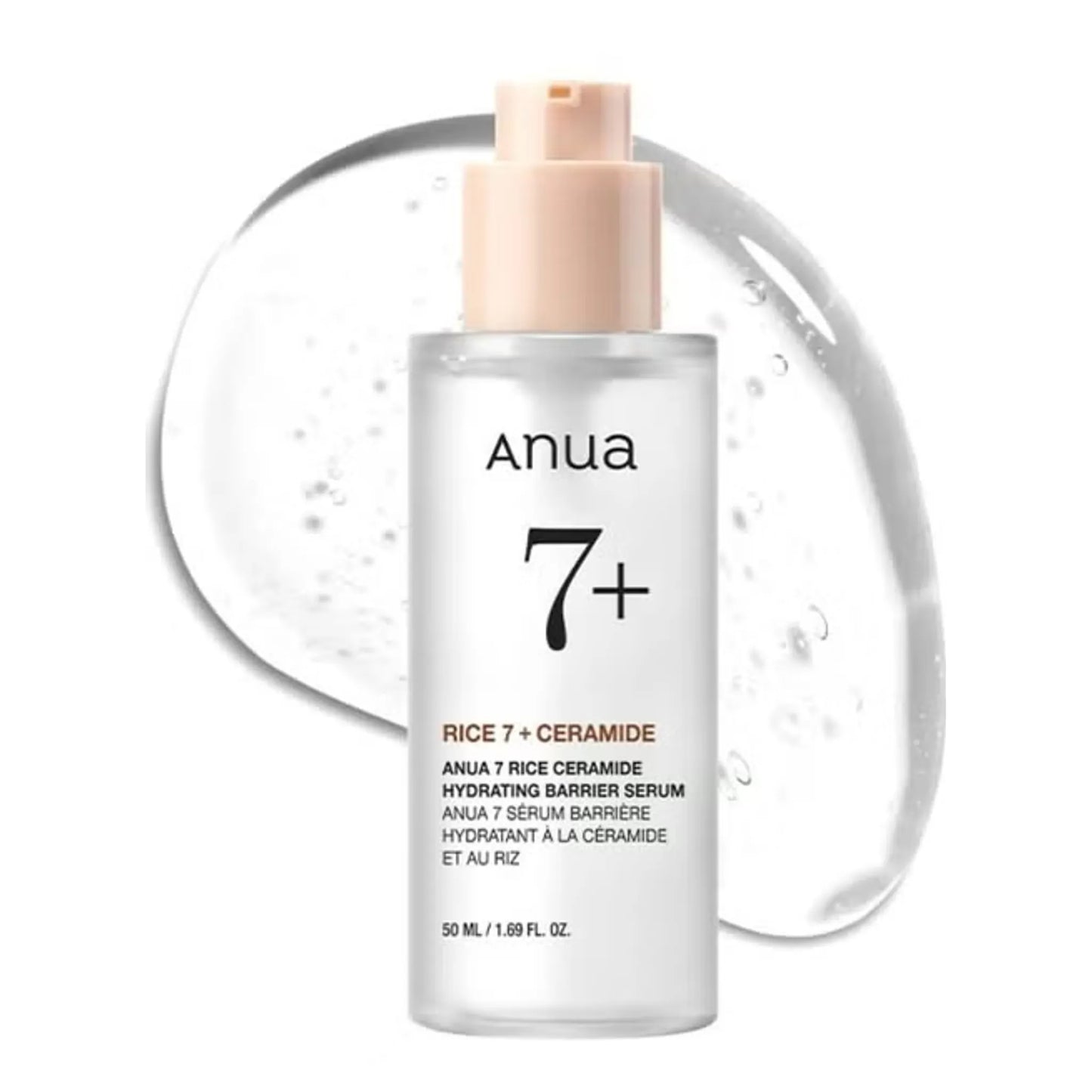 Anua 7+ Rice Ceramide serum bottle with pump on a white background