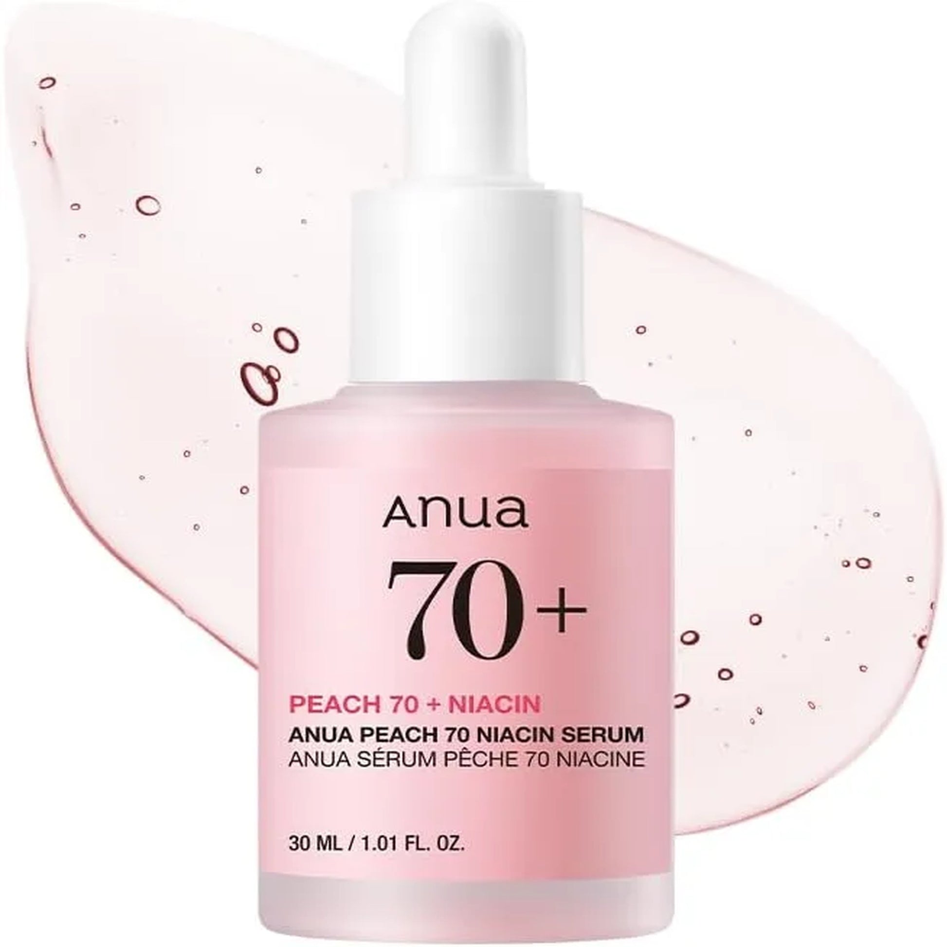 Anua Peach 70 + Niacin serum bottle with dropper on a white background