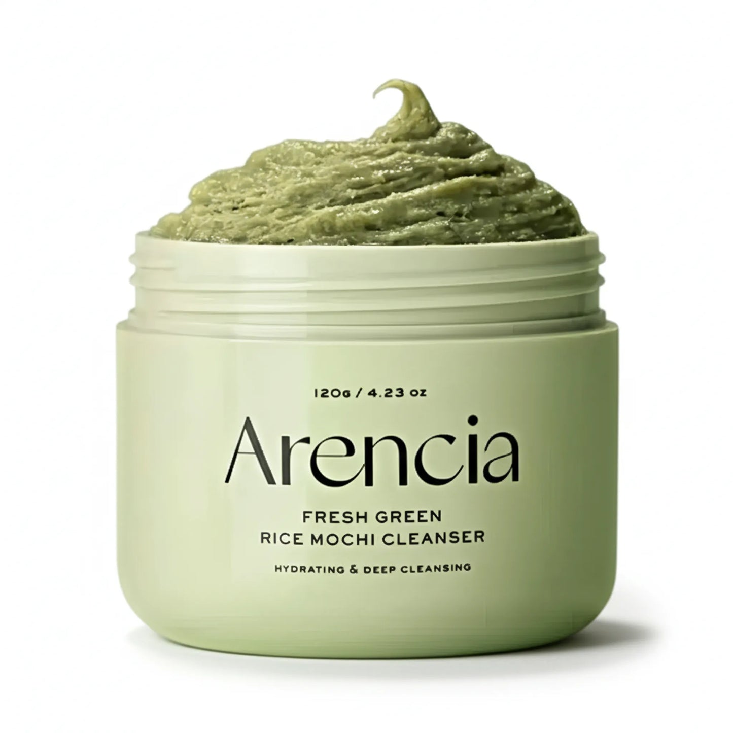Green rice mochi cleanser jar with Arencia branding on a white background