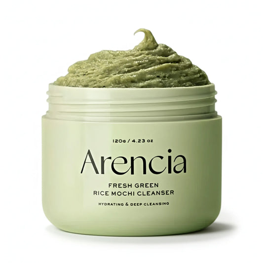 Green rice mochi cleanser jar with Arencia branding on a white background
