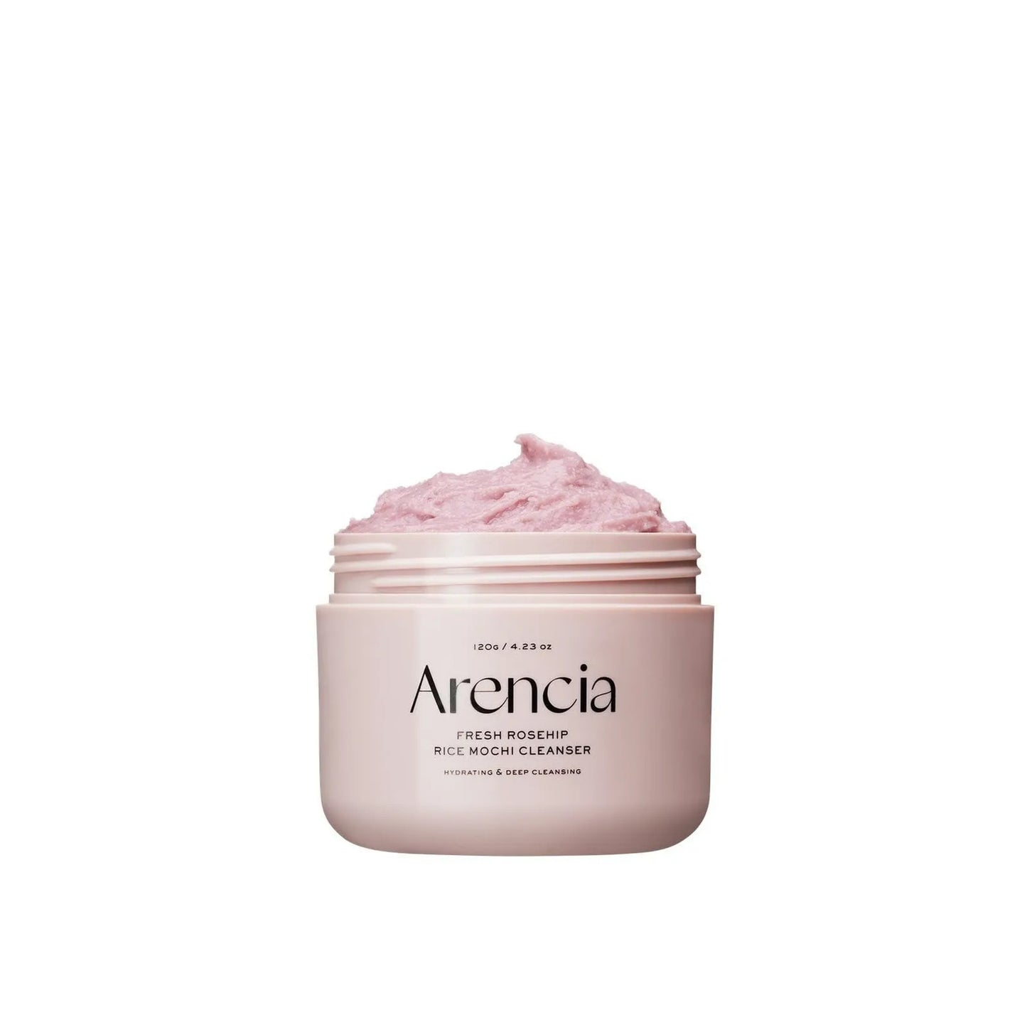 Jar of Arencia facial cleanser with pink cream on a white background