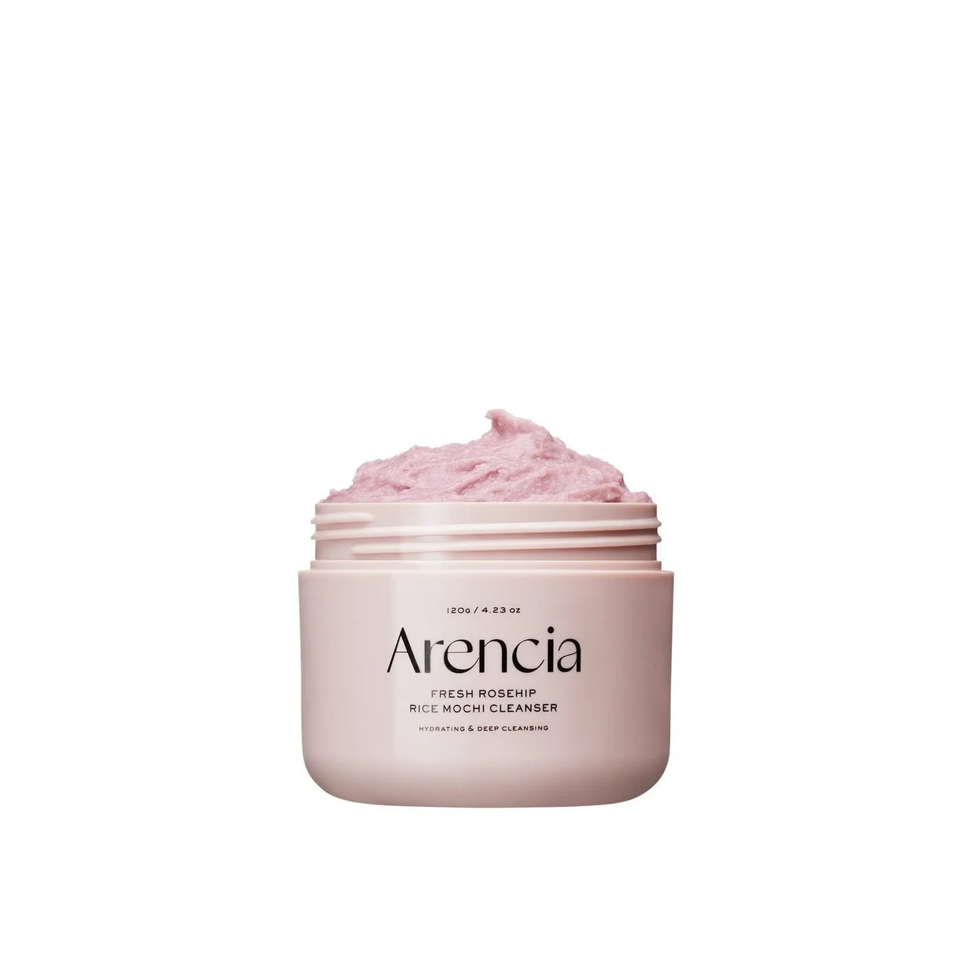 Jar of Arencia facial cleanser with pink cream on a white background